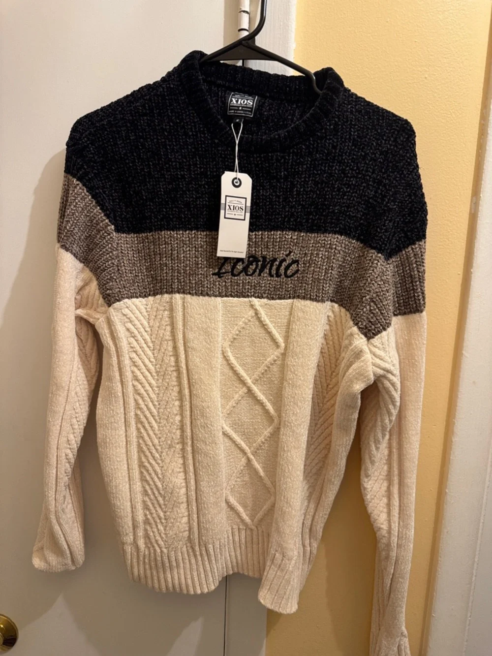 Iconic Colorblock Crewneck Sweater by in Black, Brown & Cream